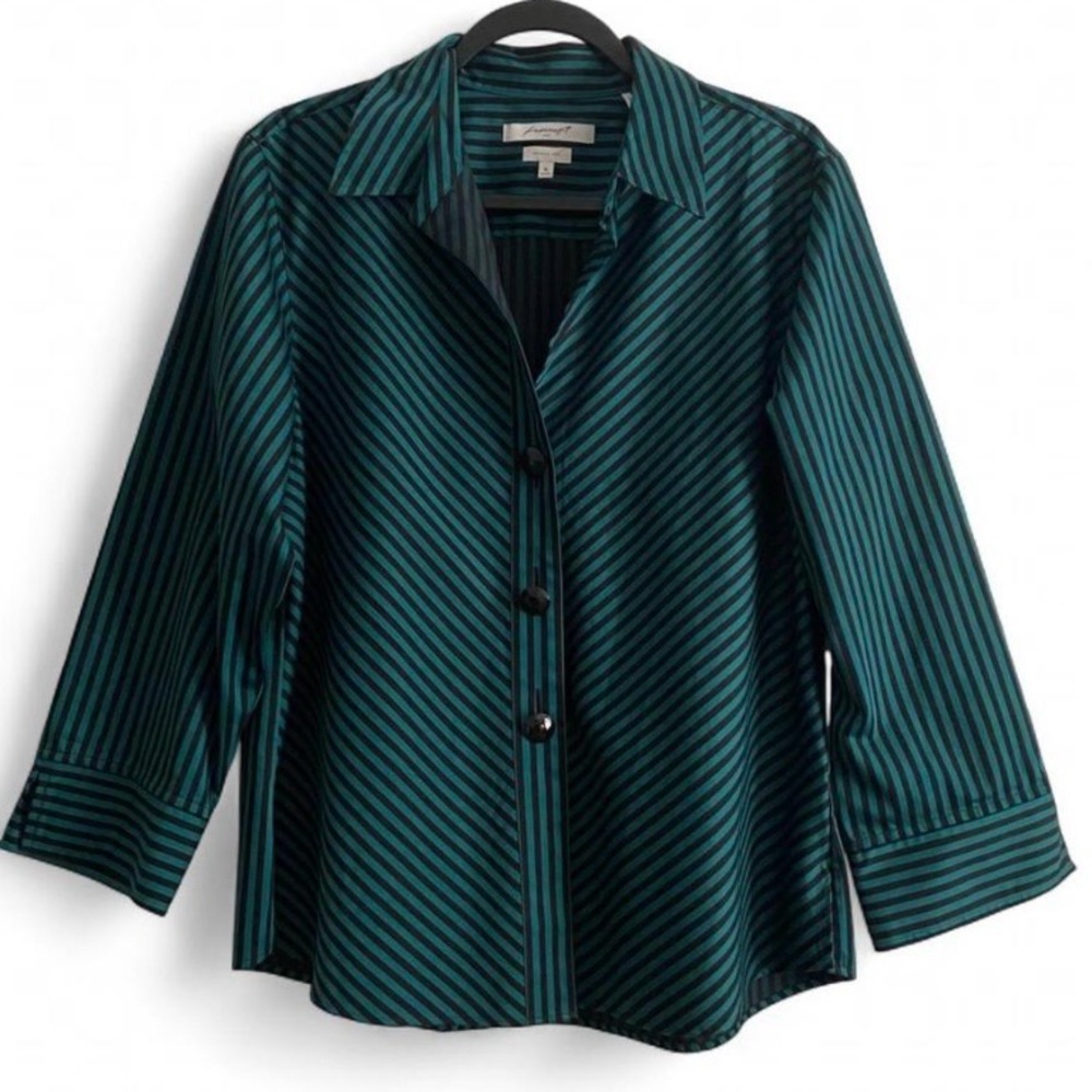 Foxcroft Wrinkle Free Striped Button Down Shirt Green Black Size 16